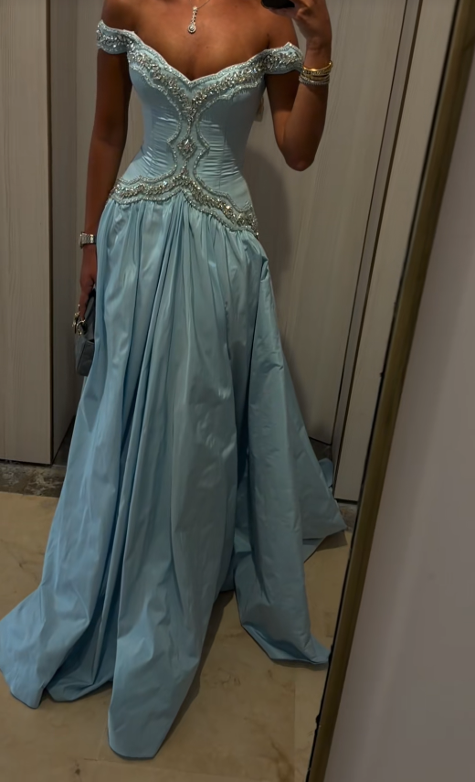 Gorgeous Blue Prom Dress A-Line Satin Beaded Long Evening Dress ED11367