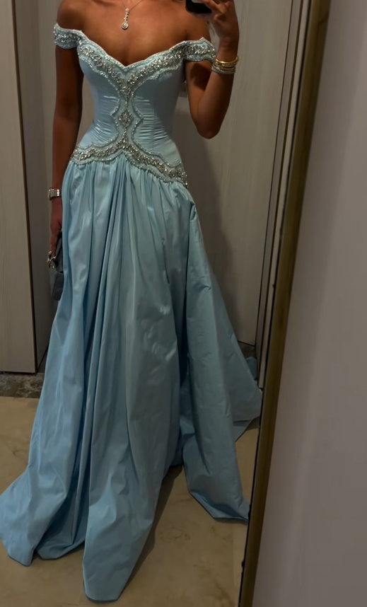 Gorgeous Blue Prom Dress A-Line Satin Beaded Long Evening Dress ED11367