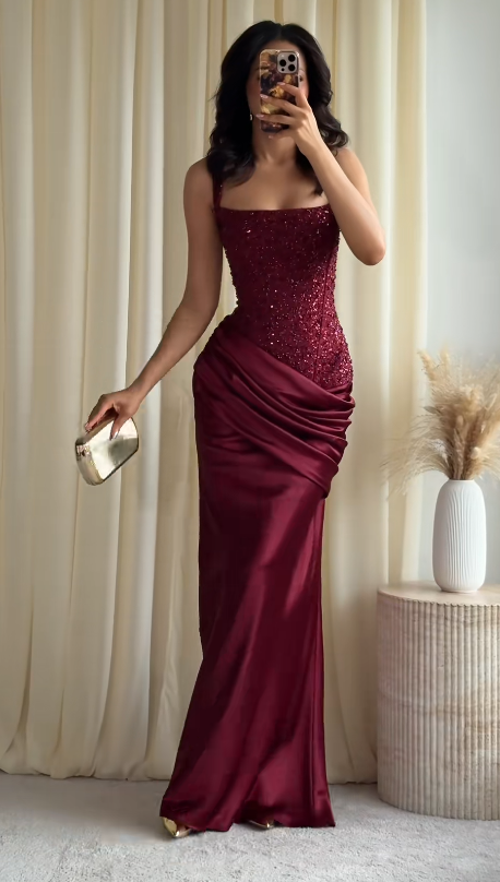 Gorgeous Burgundy Prom Dress Sheath Satin Long Evening Dress ED11368