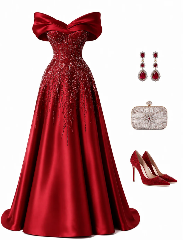 Robe de bal rouge magnifique, robe de soirée longue en satin coupe trapèze ED11369