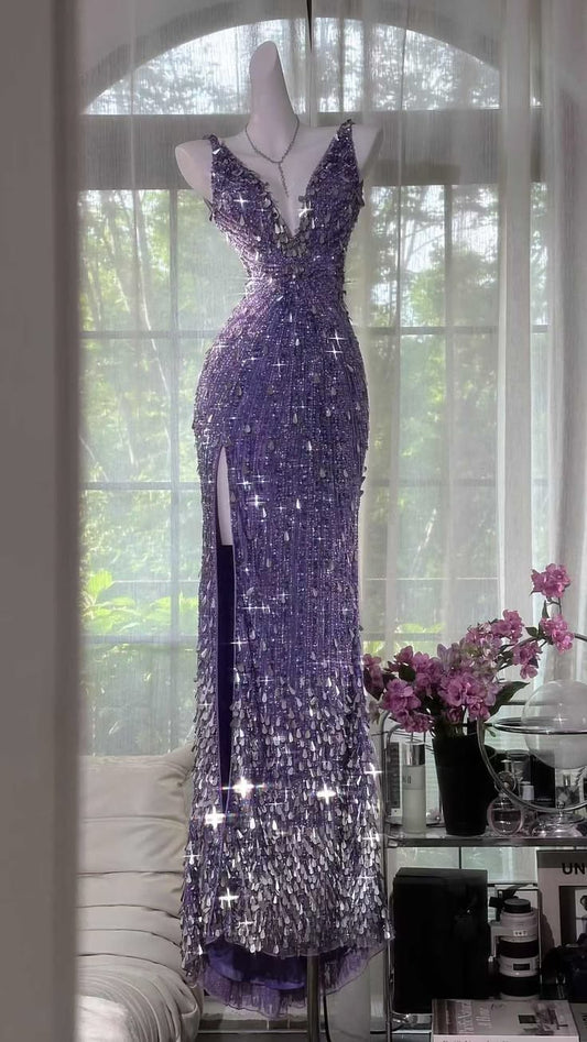 Gorgeous Purple Prom Dress Sheath Sequins Long Evening Dress ED11372