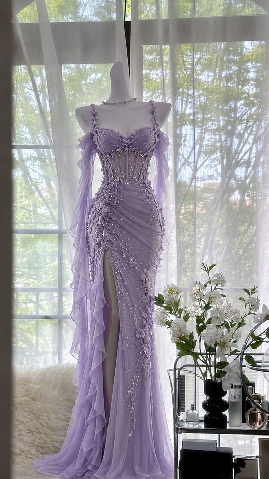 Gorgeous Purple Beaded Prom Dress Sheath Chiffon Long Evening Dress ED11373