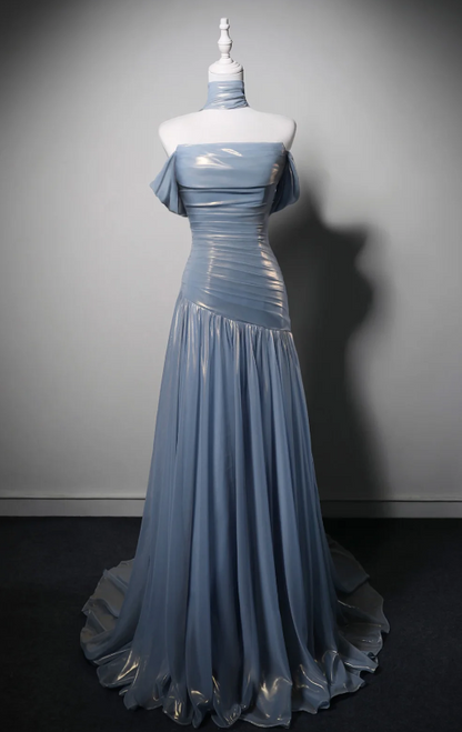 Robe de bal bleu magnifique, robe de soirée longue fourreau en satin métallisé ED11377