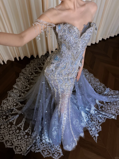 Magnifique robe de bal bleue sirène en tulle, robe de soirée longue ED11378
