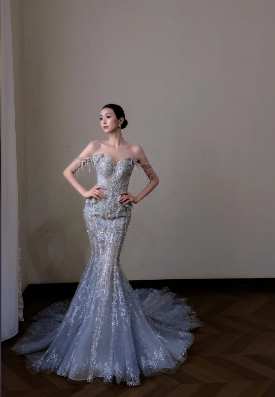 Magnifique robe de bal bleue sirène en tulle, robe de soirée longue ED11378
