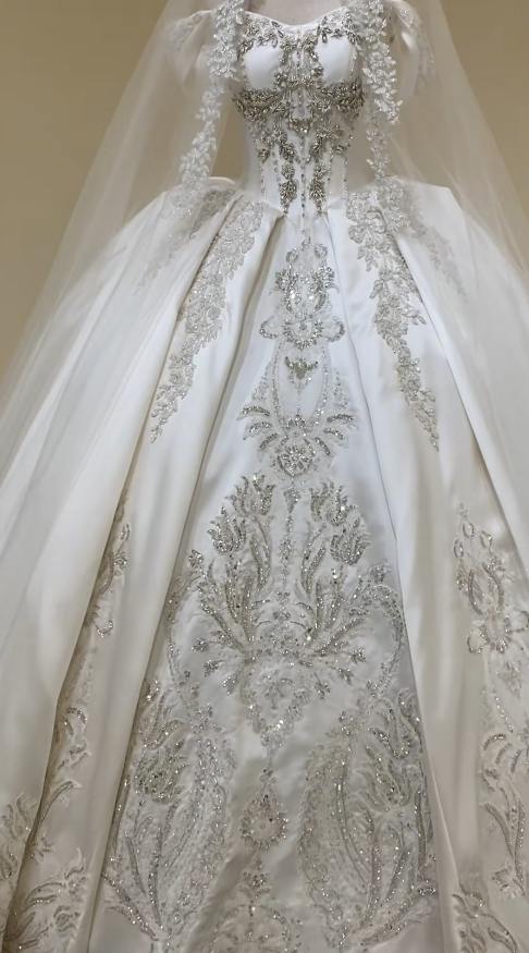 Timeless White A-Line Wedding Dress Satin Beaded Bridal Gown ED11384