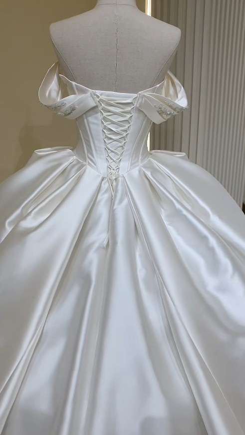 Timeless White A-Line Wedding Dress Satin Beaded Bridal Gown ED11384