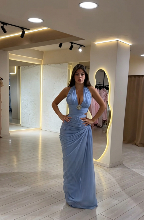 Pretty Blue Prom Dress Sheath Chiffon Long Evenig Dress ED11404
