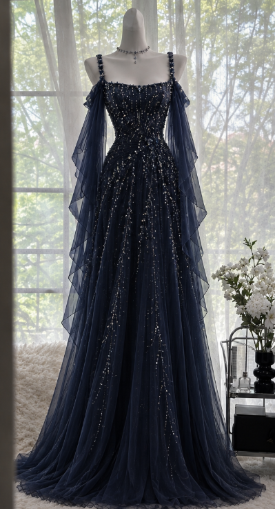 Pretty Navy Blue Prom Dress A-Line Chiffon Beaded Long Evenig Dress ED11407