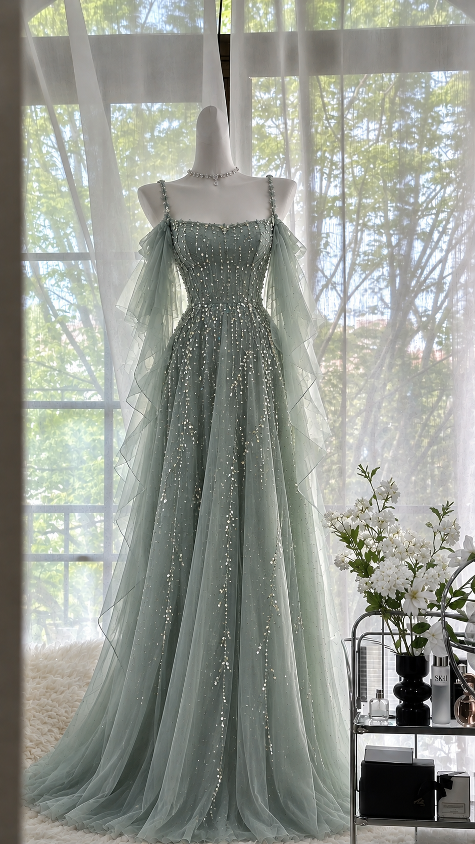 Pretty Green Prom Dress A-Line Chiffon Beaded Long Evenig Dress ED11408