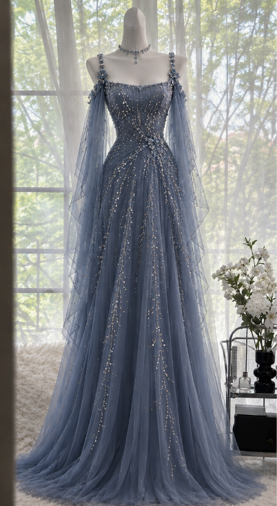 Pretty Dusty Blue Prom Dress A-Line Chiffon Beaded Long Evenig Dress ED11412