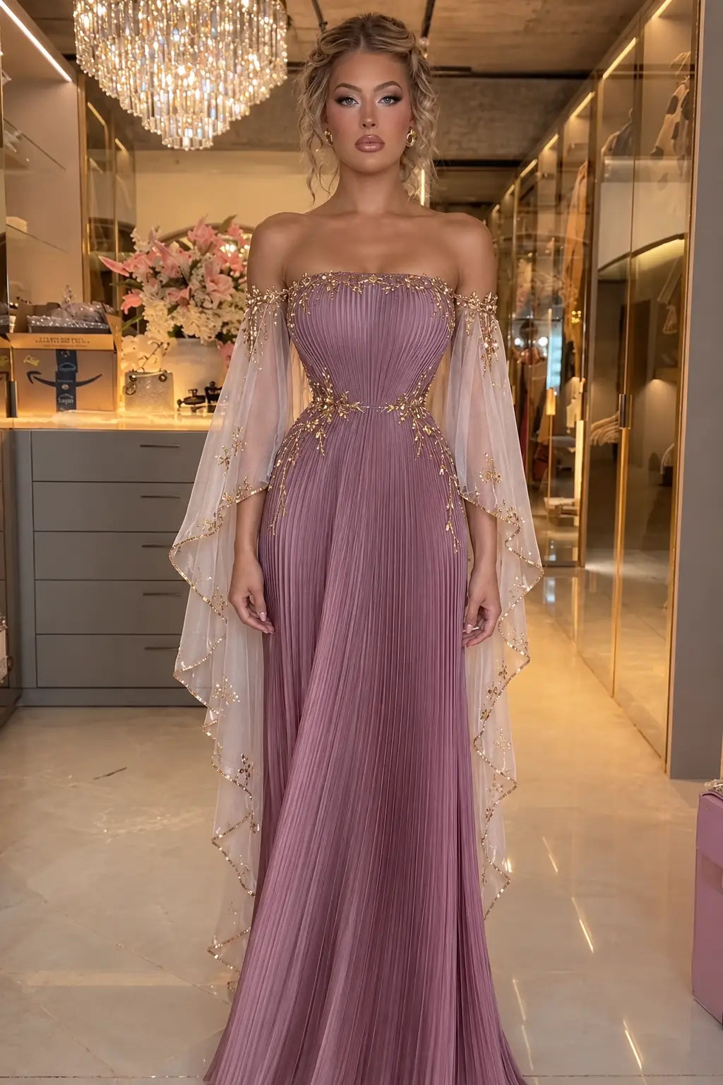 Chic Dusty Pink Porm Dress Sheath Chiffon Long Evening Dress ED11415