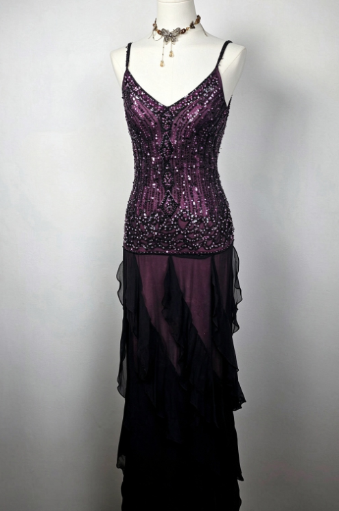 Chic Purple Porm Dress Sheath Chiffon Beaded Long Evening Dress ED11416