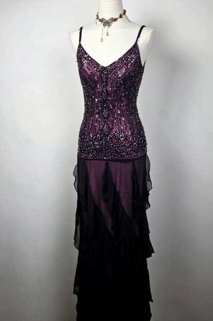 Chic Purple Porm Dress Sheath Chiffon Beaded Long Evening Dress ED11416