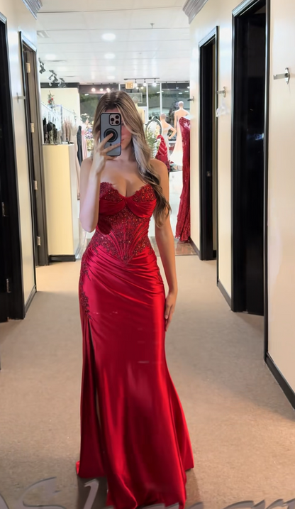 Chic Red Porm Dress Sheath Satin Long Evening Dress ED11420