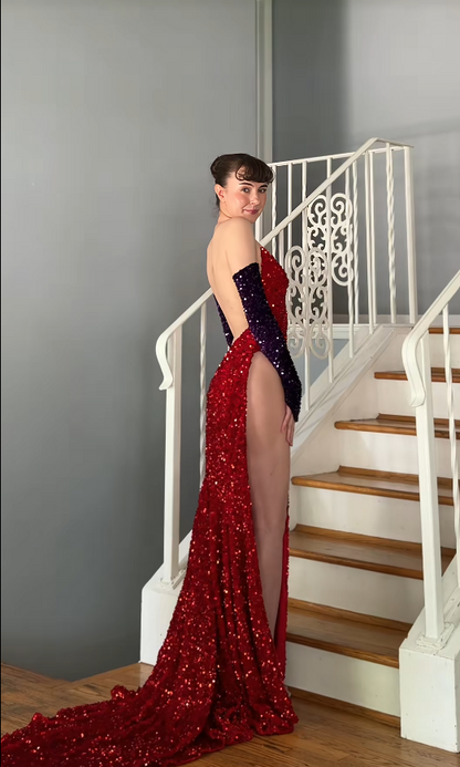 Chic Burgundy Prom Dress Sheath Sequins Long Evening Dress ED11424