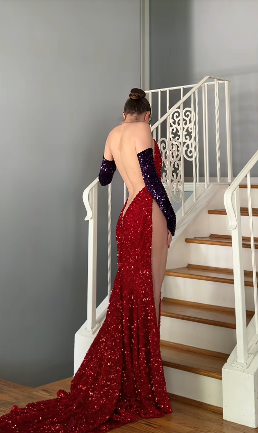 Chic Burgundy Prom Dress Sheath Sequins Long Evening Dress ED11424