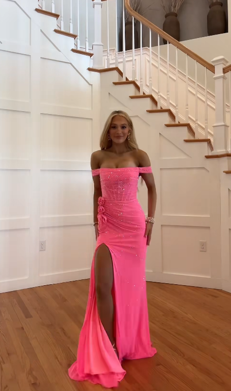 Robe de bal chic rose vif fourreau en mousseline à sequins robe de soirée longue ED11427