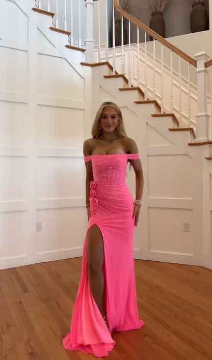 Robe de bal chic rose vif fourreau en mousseline à sequins robe de soirée longue ED11427