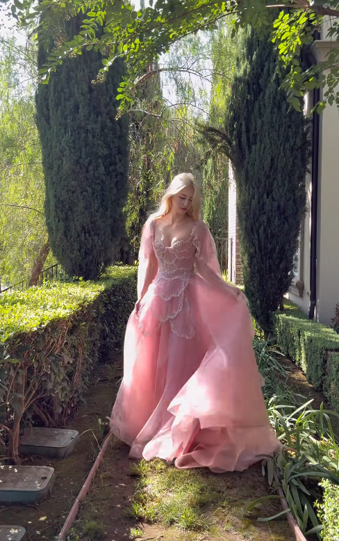 Robe de bal chic rose, coupe trapèze, en tulle, longue, modèle ED11428