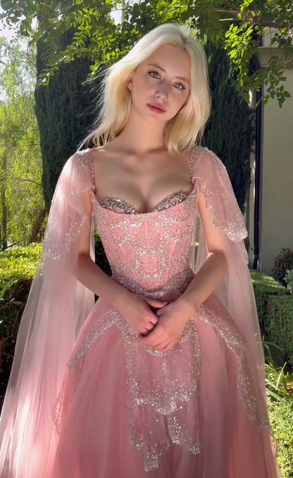Robe de bal chic rose, coupe trapèze, en tulle, longue, modèle ED11428