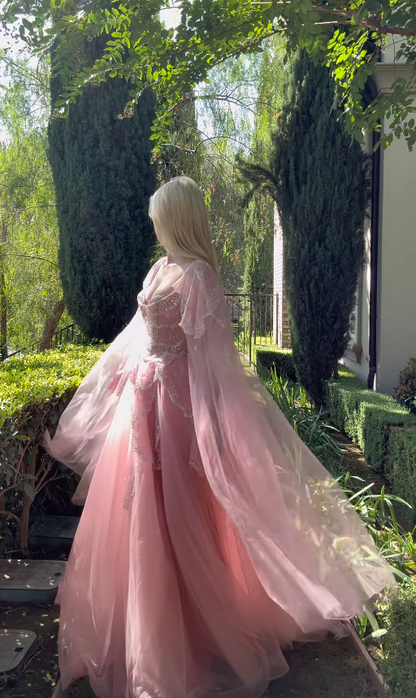 Robe de bal chic rose, coupe trapèze, en tulle, longue, modèle ED11428
