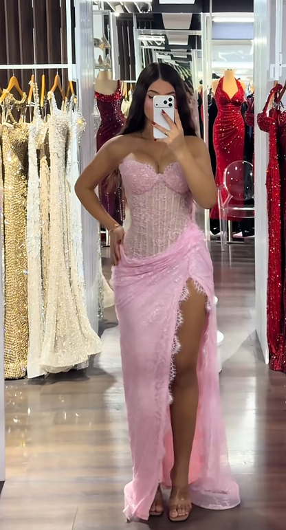 Chic Pink Prom Dress Sheath Lace Long Evening Dress ED11430