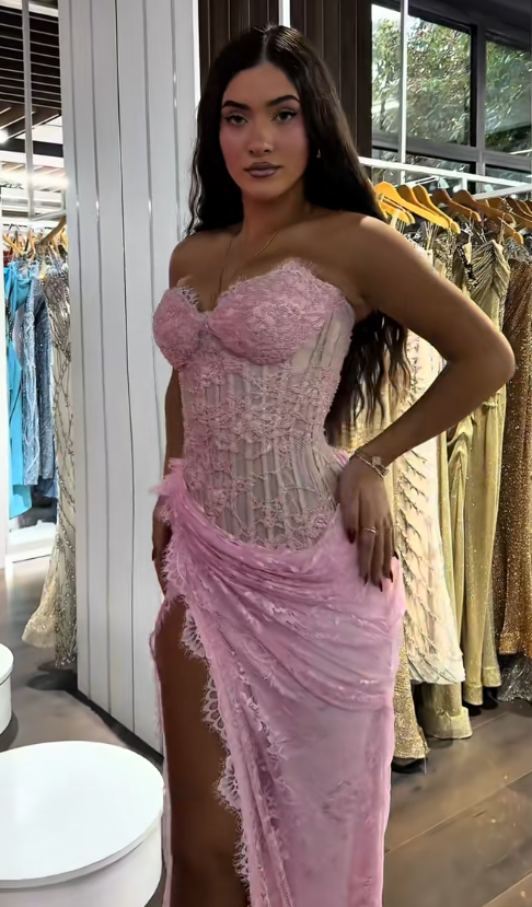 Chic Pink Prom Dress Sheath Lace Long Evening Dress ED11430