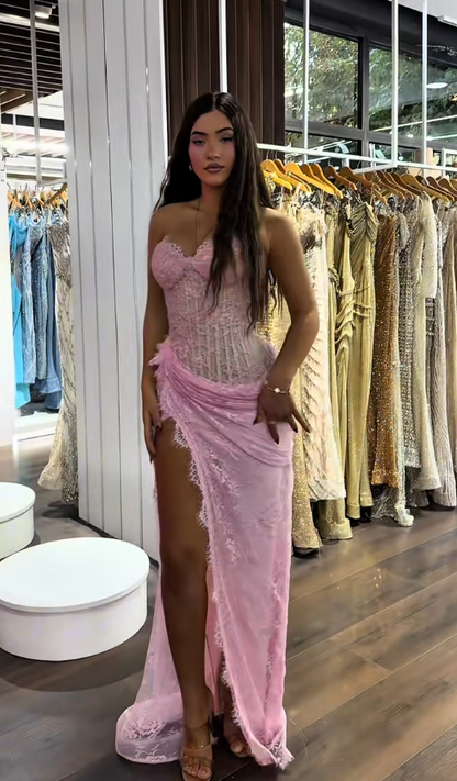 Chic Pink Prom Dress Sheath Lace Long Evening Dress ED11430