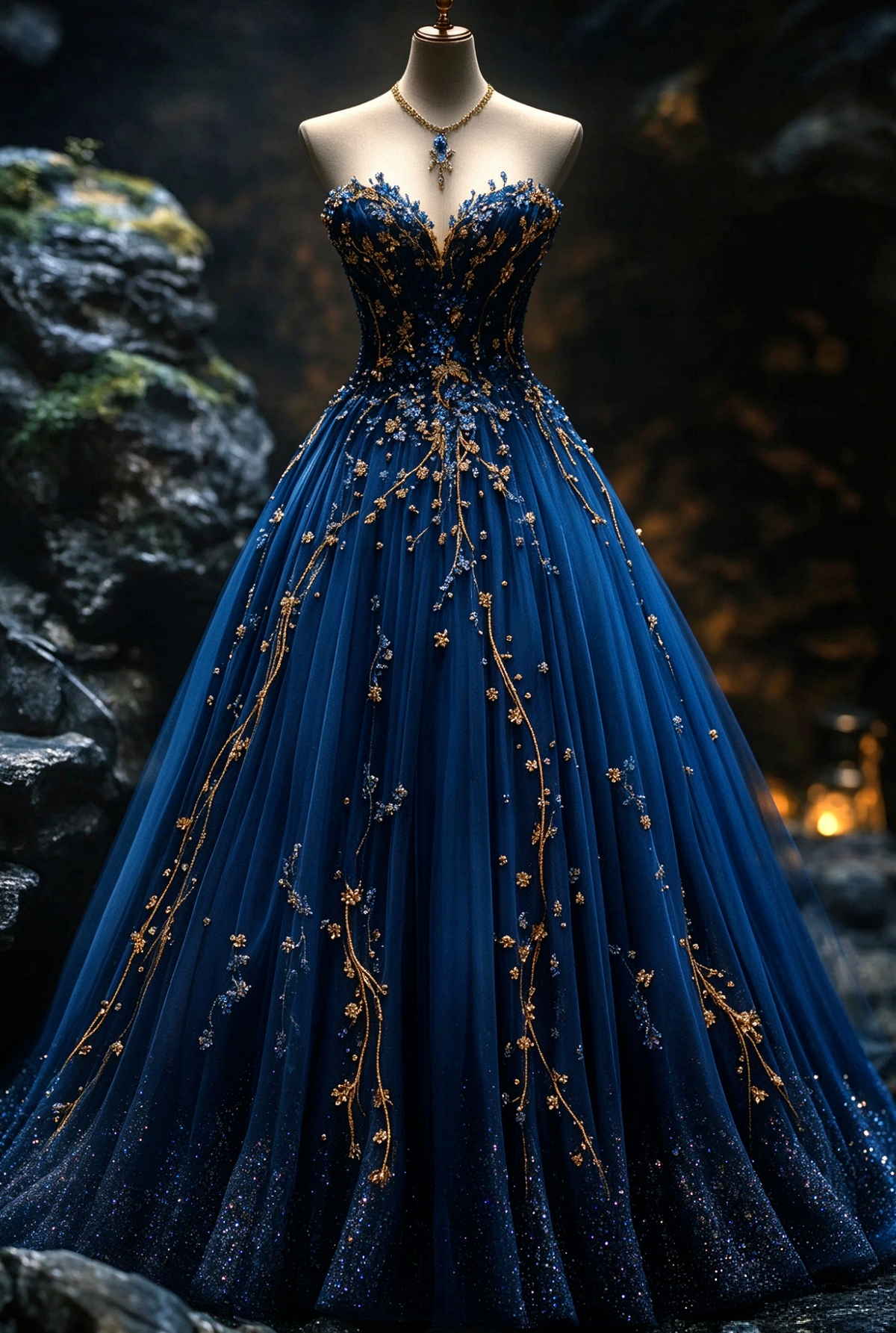 Chic Applique Dark Blue Prom Dress A-Line Tulle Long Evening Dress ED11432