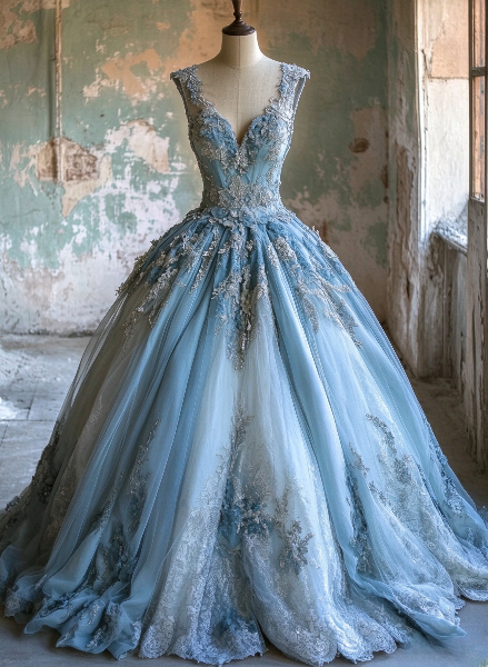 Chic Appliques Blue Prom Dress A-Line Tulle Long Evening Dress ED11433