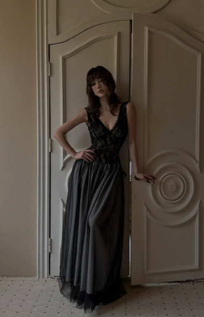 Chic Black Prom Dress Sheath Tulle Long Evening Dress ED11437