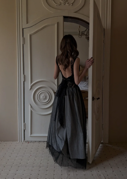 Chic Black Prom Dress Sheath Tulle Long Evening Dress ED11437