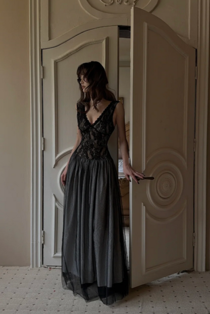 Chic Black Prom Dress Sheath Tulle Long Evening Dress ED11437