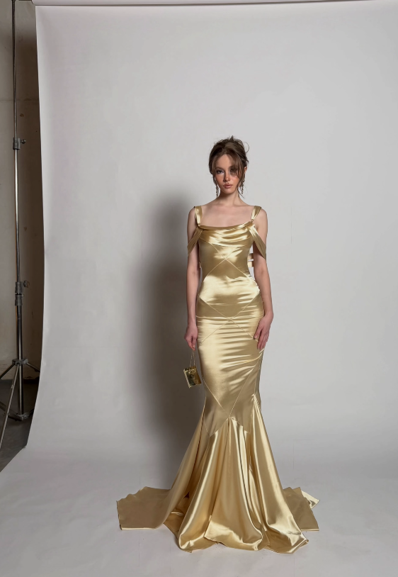 Robe de bal chic dorée, robe de soirée longue en satin coupe fourreau ED11440
