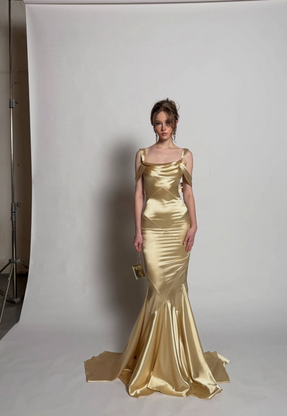 Robe de bal chic dorée, robe de soirée longue en satin coupe fourreau ED11440