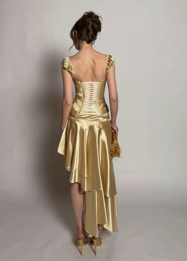 Chic Gold Prom Dress Sheath Satin Long Evening Dress ED11441