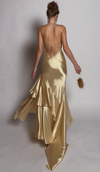 Chic Backless Gold Prom Dress Sheath Satin Long Evening Dress ED11442
