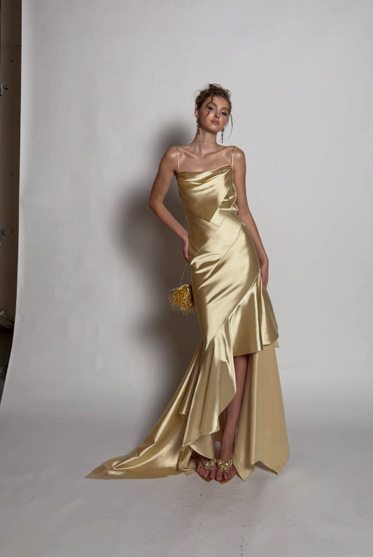 Chic Backless Gold Prom Dress Sheath Satin Long Evening Dress ED11442