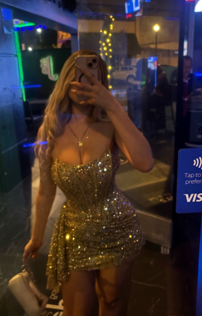 Pretty Gold Short Prom Dress Bodycon Sequins Birthday Dress ED11456