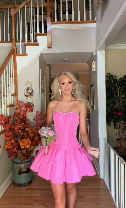 Pretty Pink Short Prom Dress A-Line Satin Birthday Dress ED11457