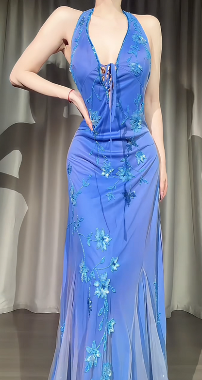 Vintage Blue Prom Dress Sheath Chiffon Beaded Long Evening Dress ED11459