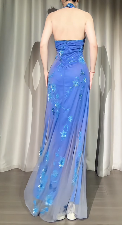 Vintage Blue Prom Dress Sheath Chiffon Beaded Long Evening Dress ED11459
