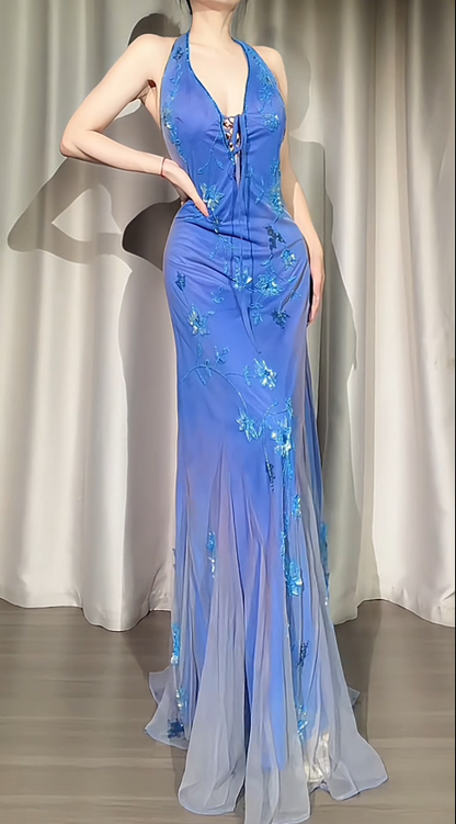 Vintage Blue Prom Dress Sheath Chiffon Beaded Long Evening Dress ED11459