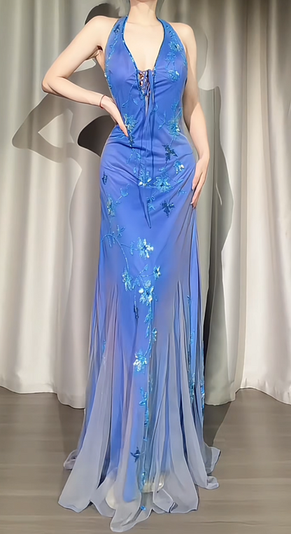 Vintage Blue Prom Dress Sheath Chiffon Beaded Long Evening Dress ED11459