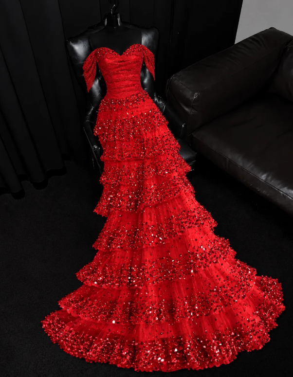 Vintage Burgundy Prom Dress A-Line Tulle Sequins Long Evening Dress ED11460