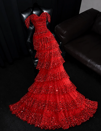 Vintage Burgundy Prom Dress A-Line Tulle Sequins Long Evening Dress ED11460