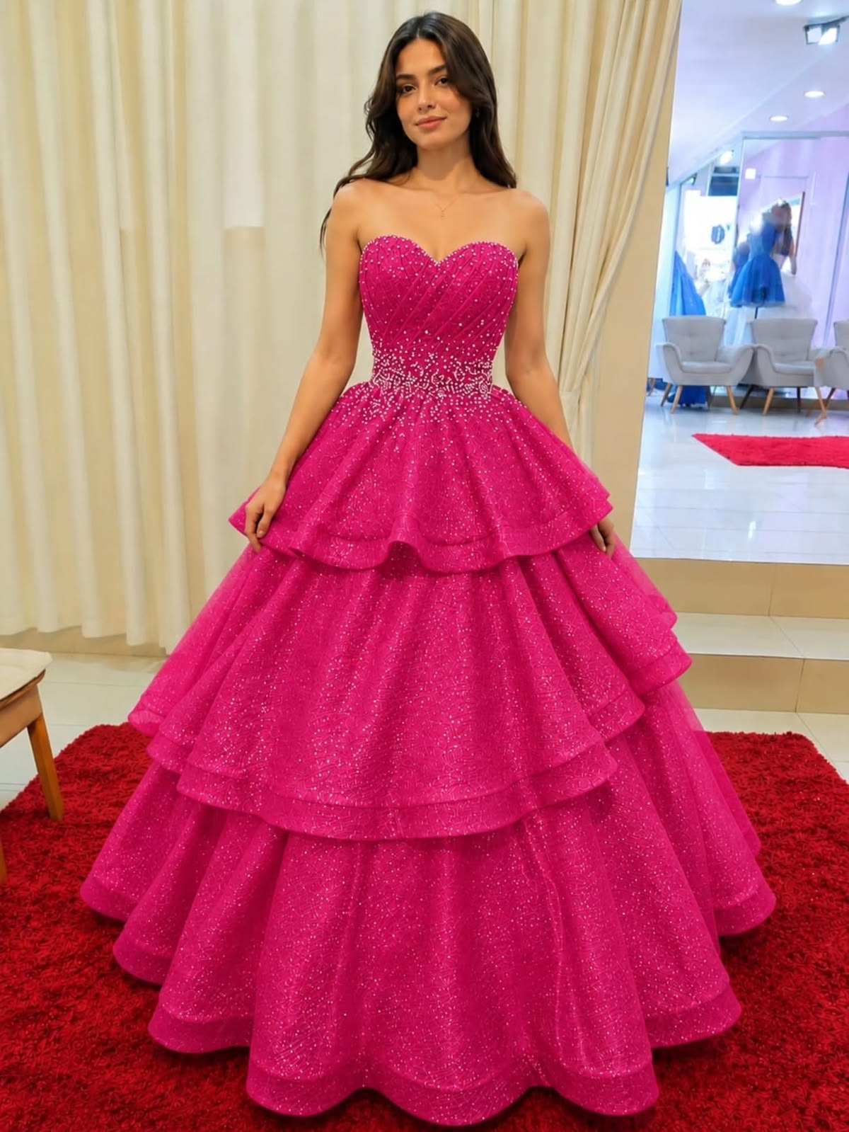 Chic Hot Pink Prom Dress A-Line Tulle Long Evening Dress ED11463
