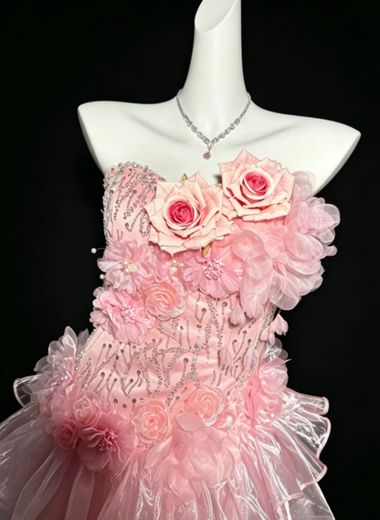Chic Pink Prom Dress Sheath Tulle Long Evening Dress ED11465