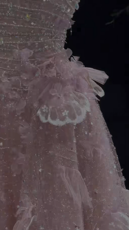 Chic Pink Prom Dress A-Line Tulle Sequins Long Evening Dress ED11466